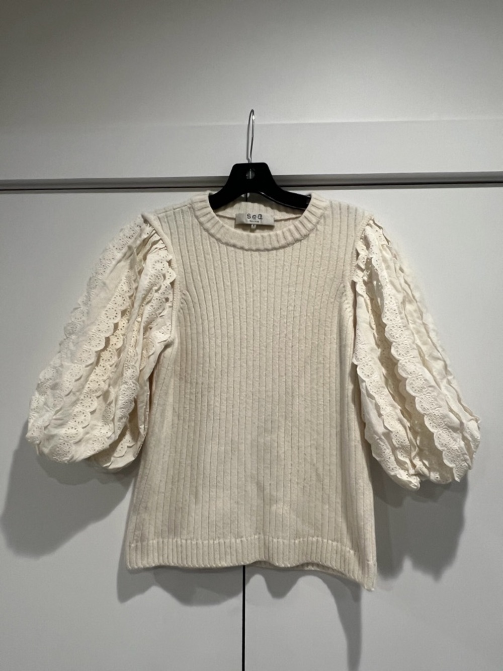 Sea New York Puff Sleeve Sweater – Eyelet Lace Ivory (Size S)